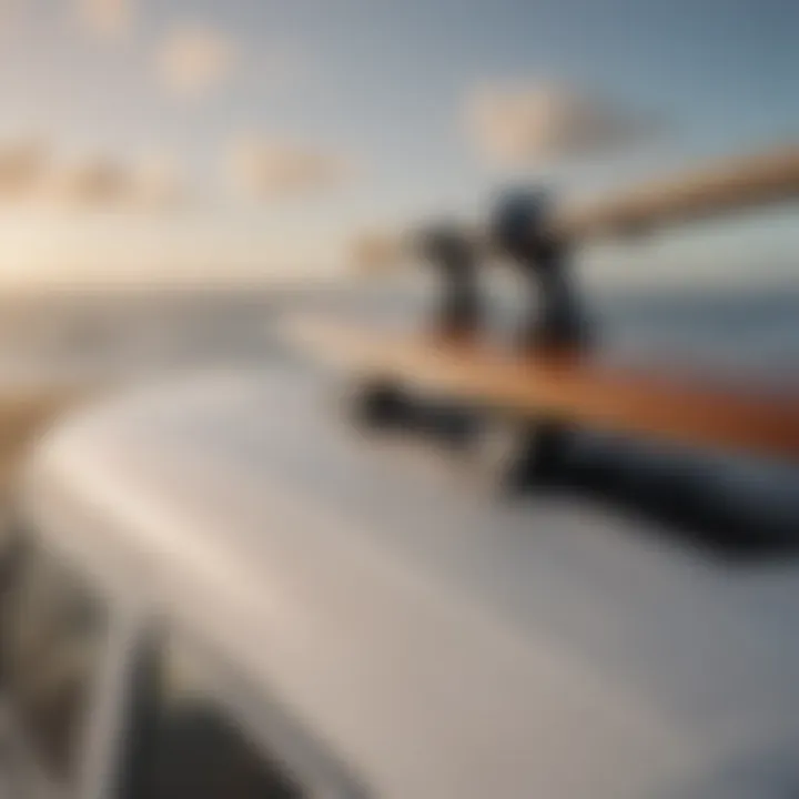 A close-up of the suction mechanism securing a surfboard to a car roof.