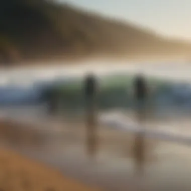 A group of surfers discussing wave conditions on the beach