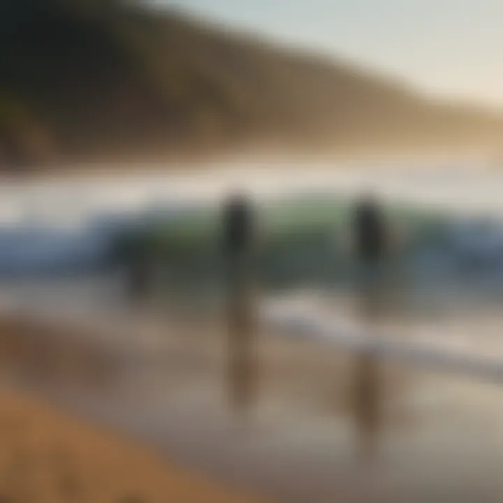 A group of surfers discussing wave conditions on the beach