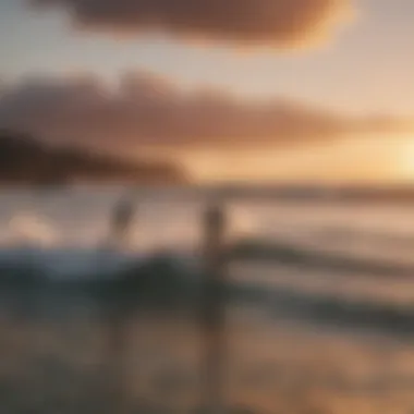 Surfers riding waves during a vibrant sunset