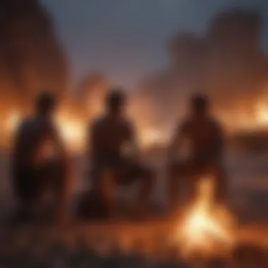 Surfers sharing stories around a bonfire at a hostel