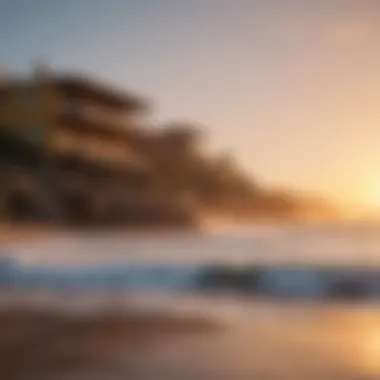 Sunset view of a surf hostel by the beach