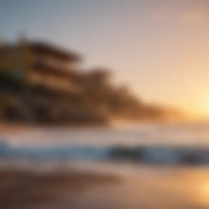 Sunset view of a surf hostel by the beach