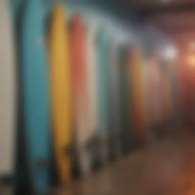 Surfboards lined up against a colorful wall in a hostel