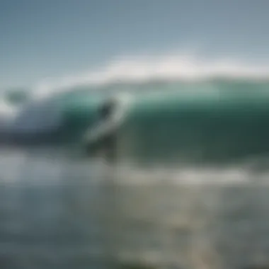 A group of surfers catching waves in a dynamic surf lesson.