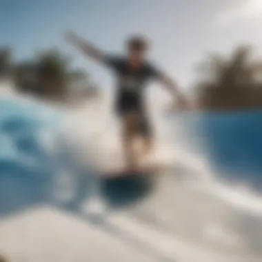 Athlete performing tricks on a Flowrider with a stunning backdrop