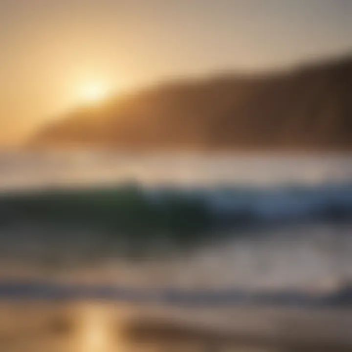 Surfers catching waves at sunset in Lima