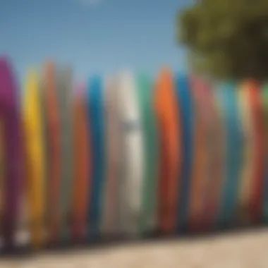 A vibrant surfboard rack filled with colorful boards, reflecting the diverse surf culture of the region.