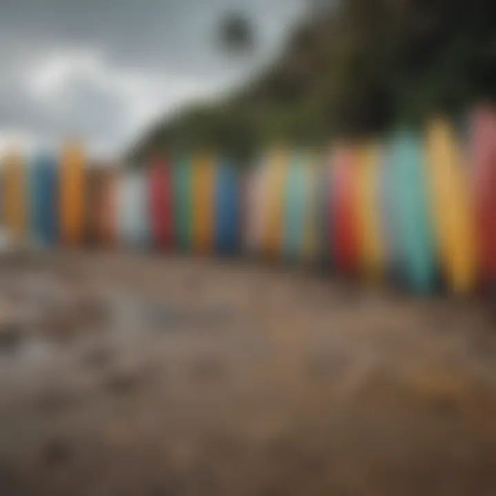 Colorful surfboards lined up on the shore of a popular Ecuadorian surfing spot