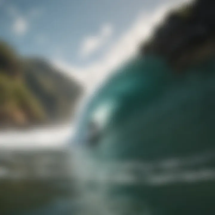 Surfer riding a long wave with lush green cliffs in the background in Ecuador