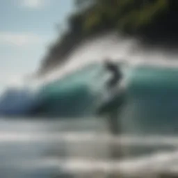 Beautiful beach view with surfers catching waves in Costa Rica