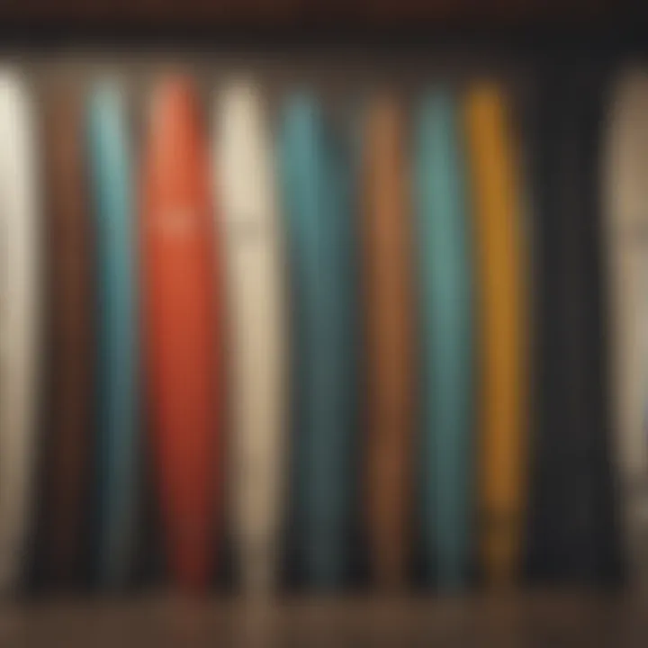 Surfboards of different styles displayed at a local surf shop