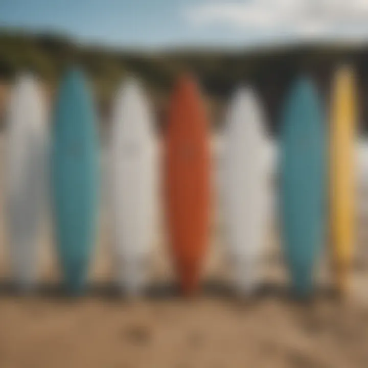 Different Arris surfboard models lined up on the beach