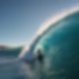 A vibrant wave crashing under a clear blue sky, perfect for body surfing