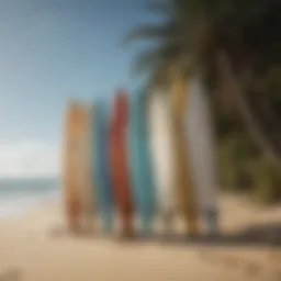 A serene beach setting with surfboards lined up for a lesson