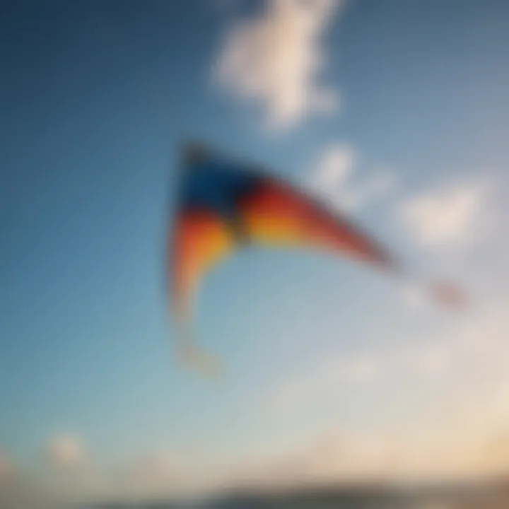 A vibrant, intricately designed kite soaring against a clear blue sky