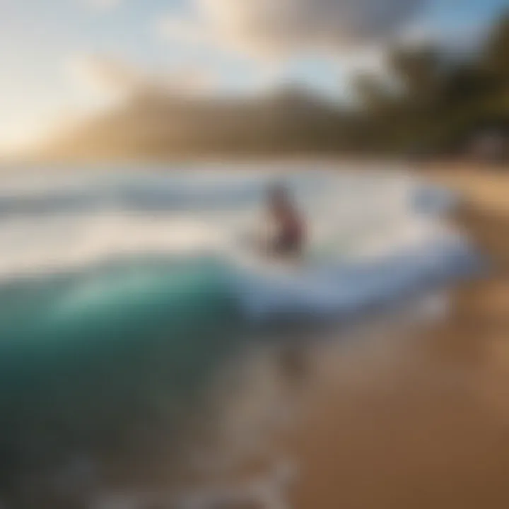 Beginners practicing on gentle waves at Waikiki Beach