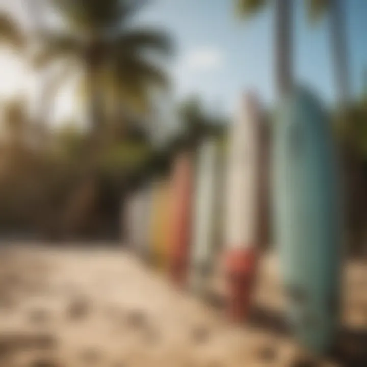 Surfboards lined up on a sandy beach with palm trees