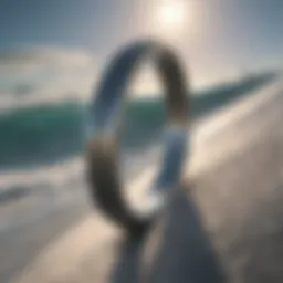 A beautifully crafted surfer wedding band resting on a surfboard