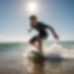 A dynamic bindy skimboarder performing a trick on the shoreline