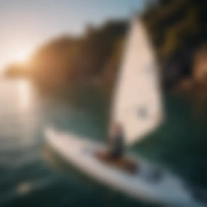 Paddle boarder enjoying a serene moment with an inflatable sail