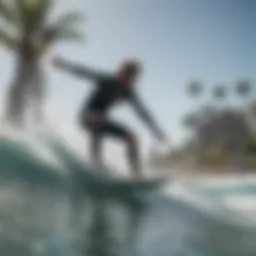A surfer catching a wave at a water park