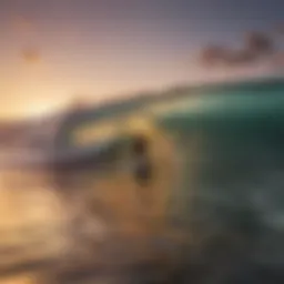 A vibrant sunset at a surfing beach, capturing the essence of tranquility and adventure.