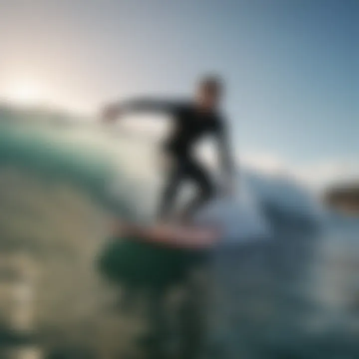 Surfer enjoying a wave with a highlighted surfboard pad