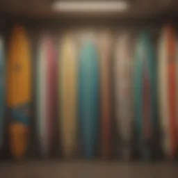 A beautifully arranged display of surfboards in vibrant colors