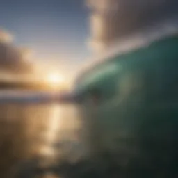 Panoramic view of Pipeline surf break during golden hour