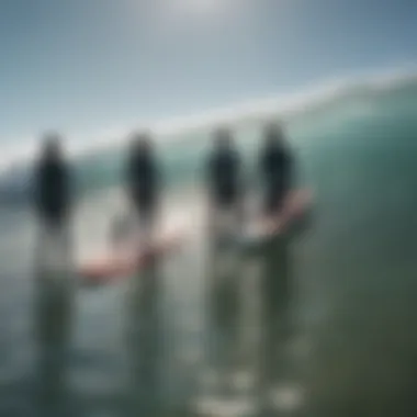 Group of surfers discussing the impact of underwater surfboards on the sport