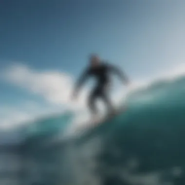 Surfer testing underwater surfboard in crystal clear water