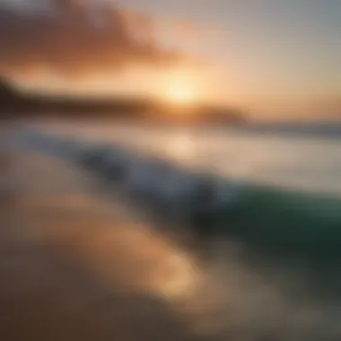 A panoramic view of surfers catching waves against a scenic sunset backdrop