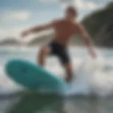 A surfer showcasing stand up boogie boarding technique on a vibrant wave