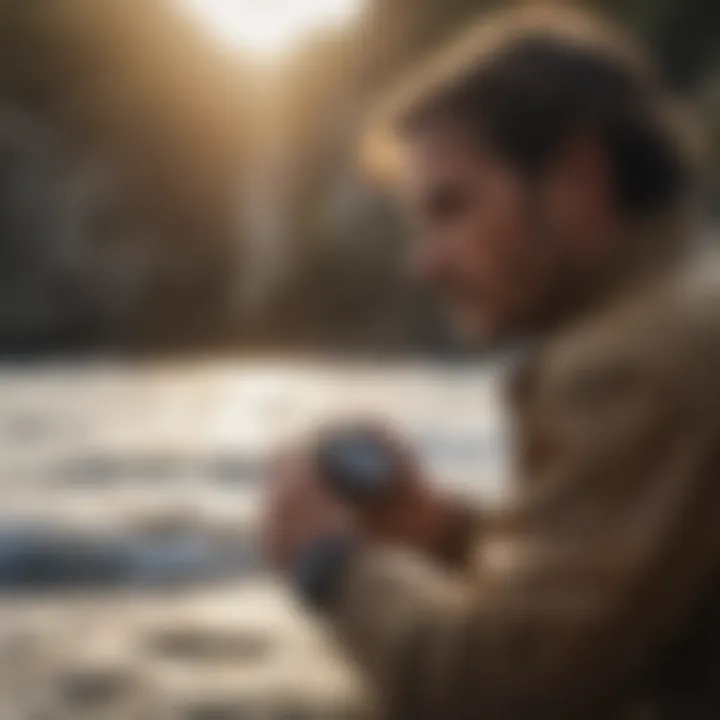 A fisherman adjusting settings on a high-tech tide watch