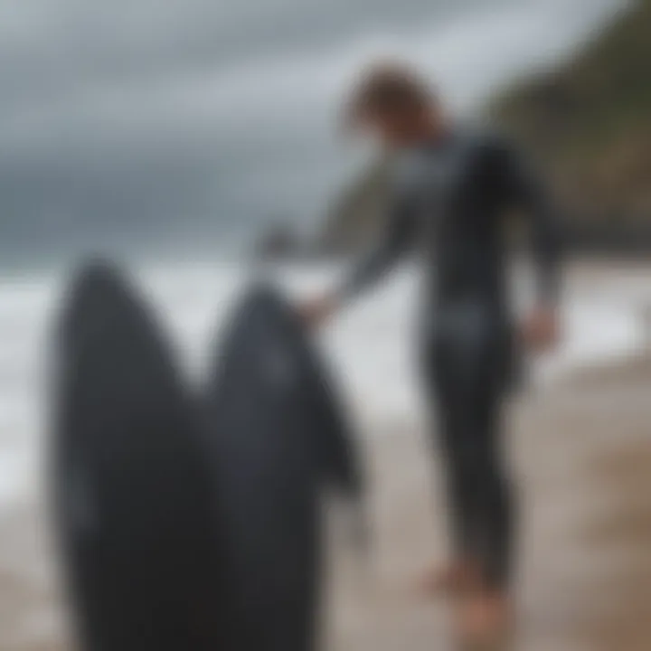 Surfer inspecting a used wet suit before purchase