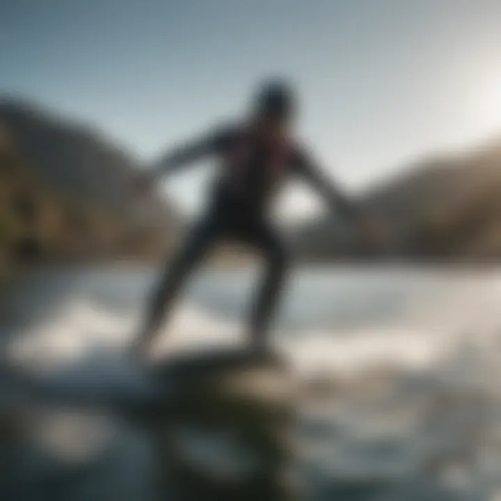 Close-up of a wakeboarder gracefully gliding on the water surface