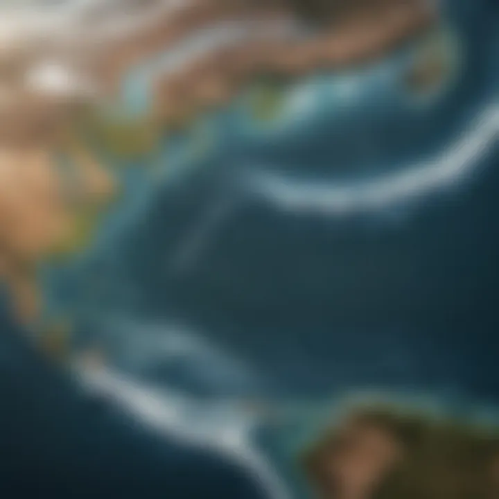 Aerial view of global wind currents swirling over continents