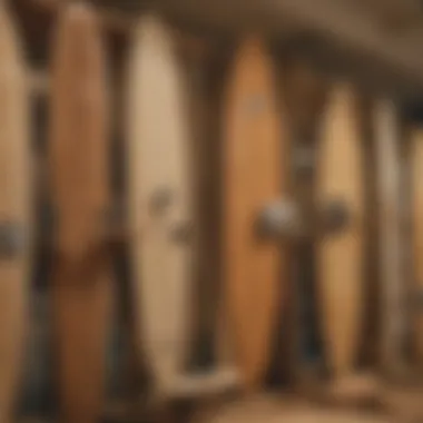 An array of wooden skimboards displayed in a retail setting