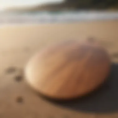 A well-maintained wooden skimboard resting on the beach sand