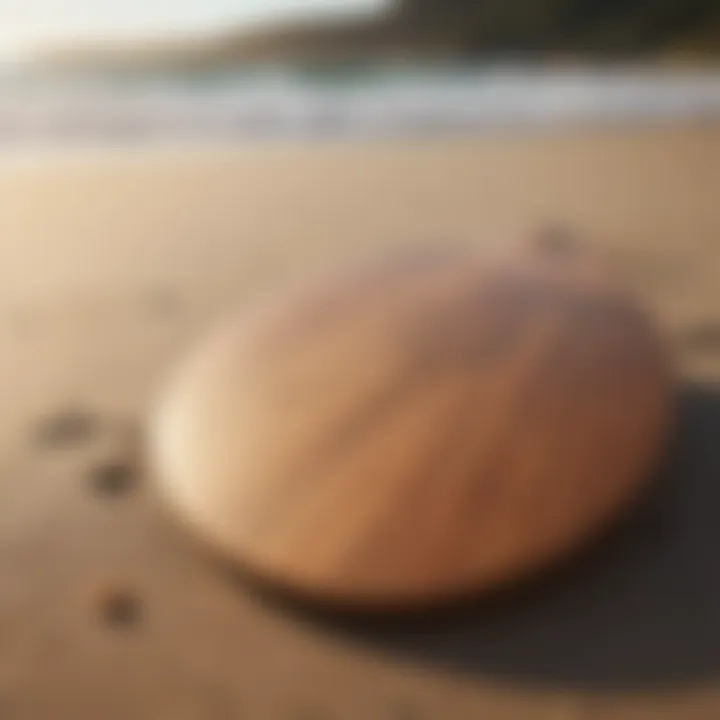 A well-maintained wooden skimboard resting on the beach sand