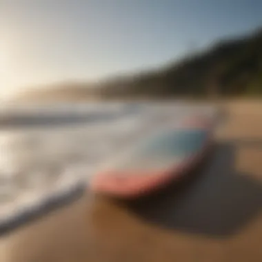 Foam longboard surfboard on sandy beach