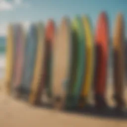 A vibrant collection of top skimboards lined up on the beach