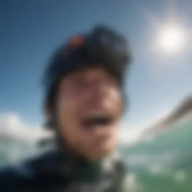 Surfer showcasing a GoPro mouth mount during a ride