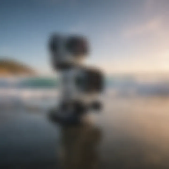 Close-up of GoPro camera mounted on kitesurfing board