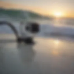 Close-up view of a GoPro necklace mount attached to a surfboard