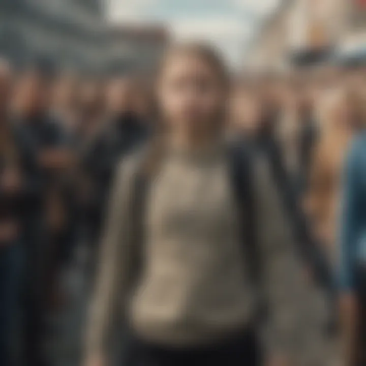 Young environmental activist Greta Thunberg standing before a crowd