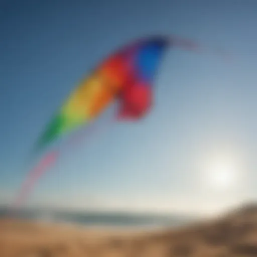 Colorful kite soaring through a clear blue sky