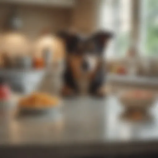 A dog looking intently at a kitchen countertop filled with food.