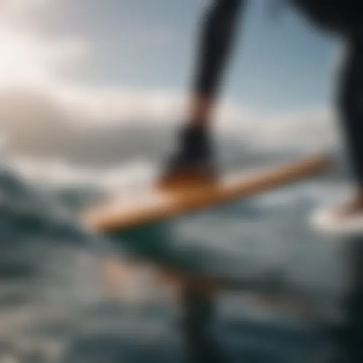 Close-up of hydrofoil attachment on surfboard